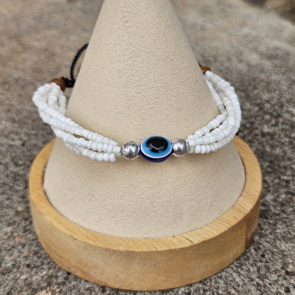 White and Silver Beaded Bracelet with Evil Eye Charm